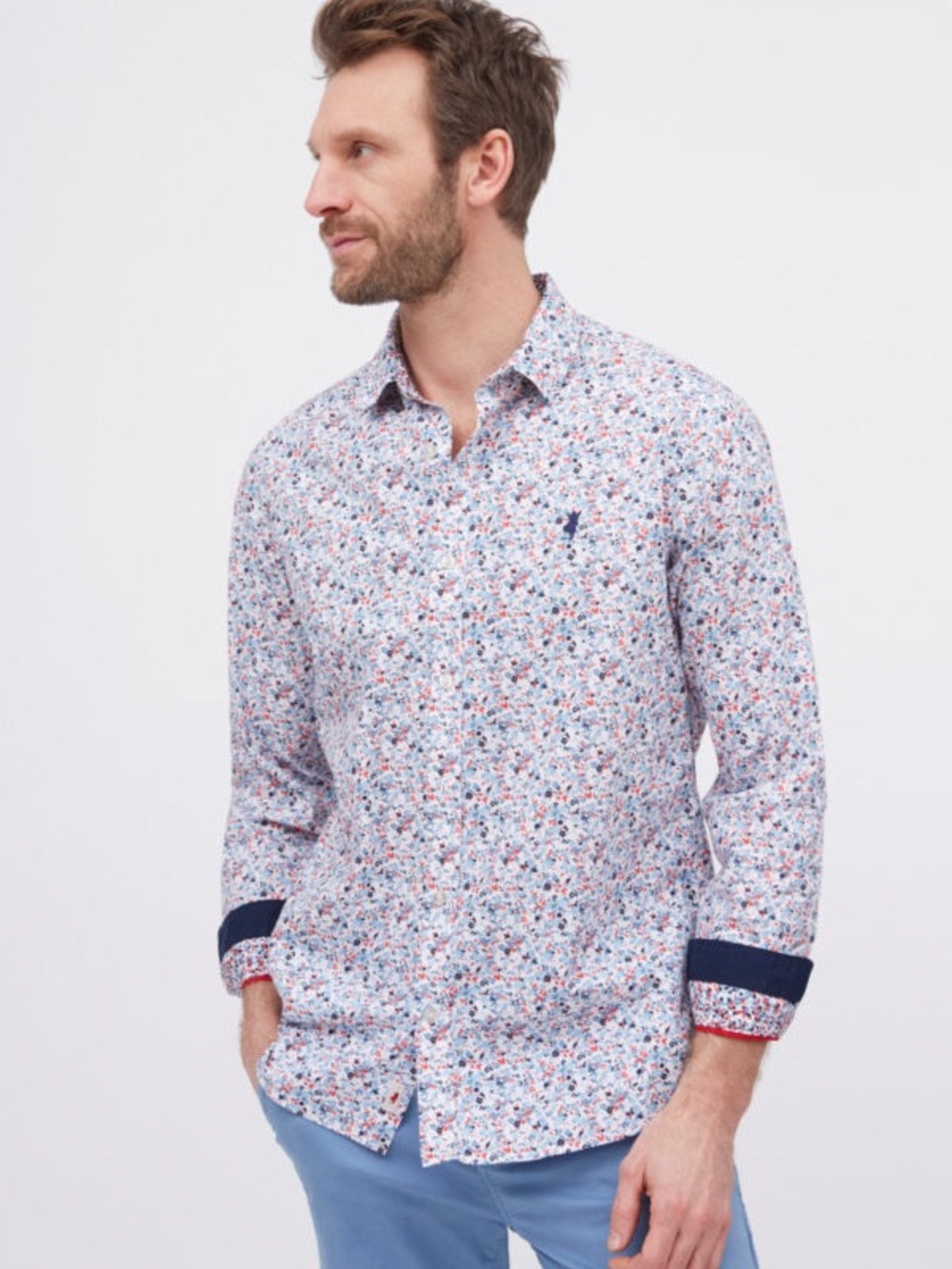 MCS Men's Flowery White Blue Red Floral Cotton Button-Up Shirt Long Sleeve med